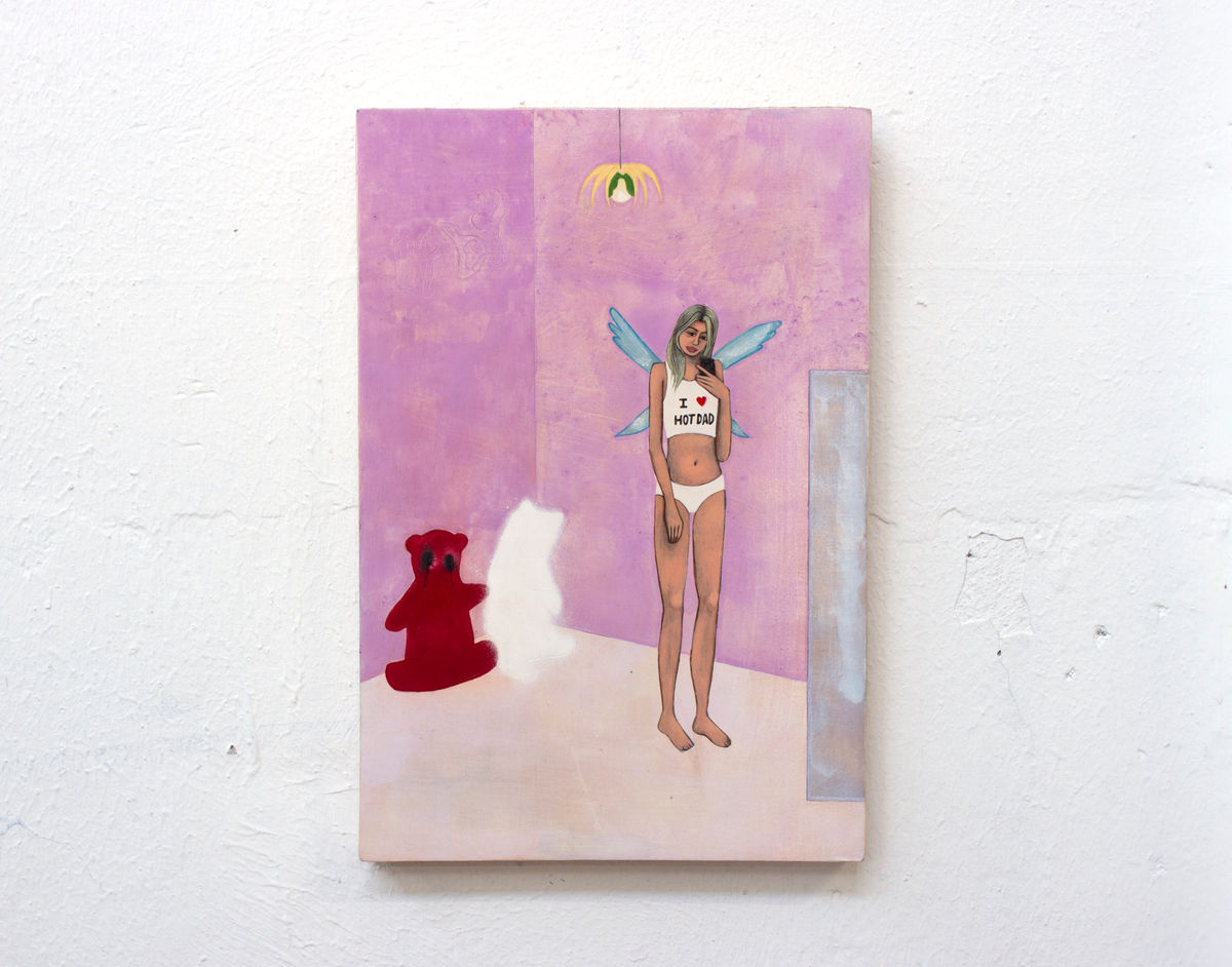 I love hot dad, 2023, Tempera on wood, 19 x 28 cm