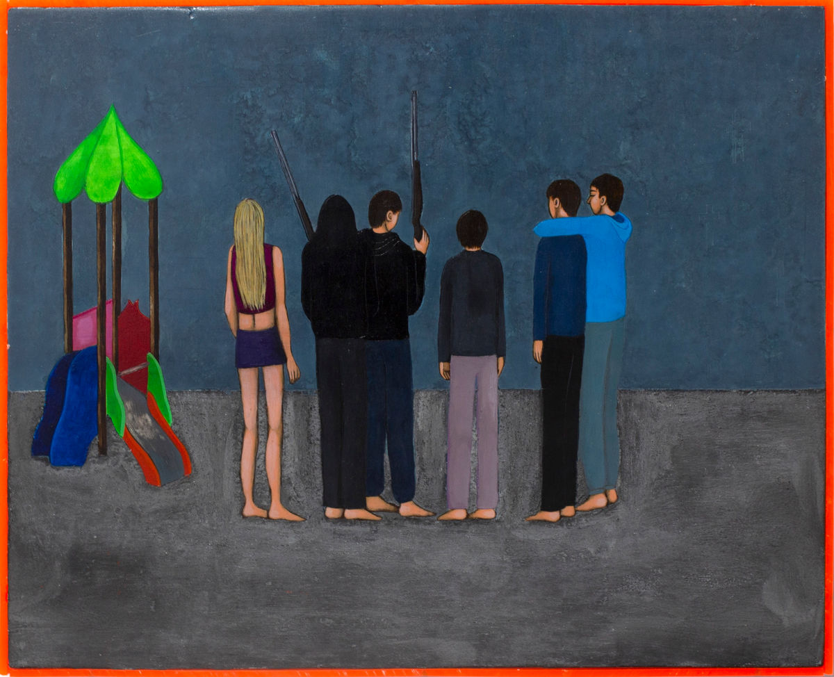 Playground love, 2023, Tempera on wood covered with canvas, 28 x 34,5 x 2 cm, plexiglass frame
